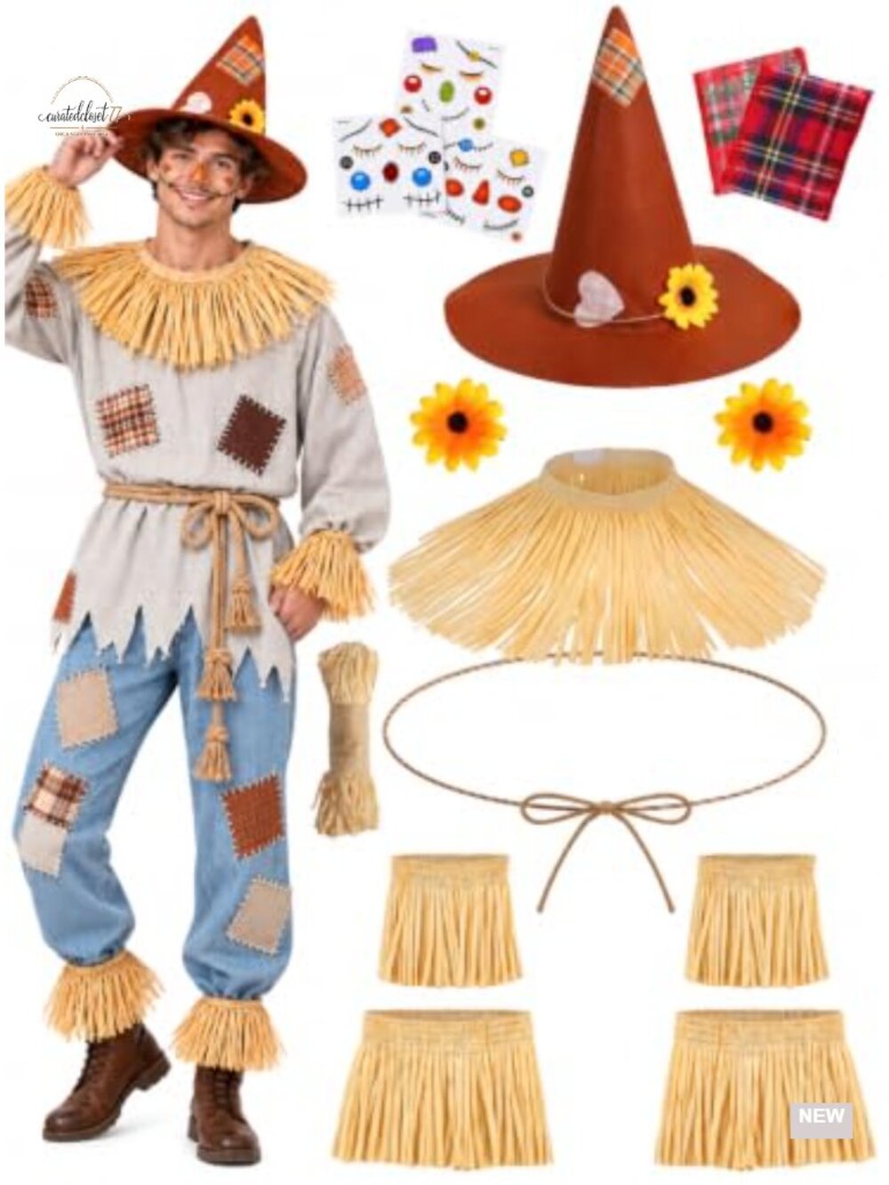 Womens Scarecrow Costume Set Polyester Felt Halloween Outfit with Hat